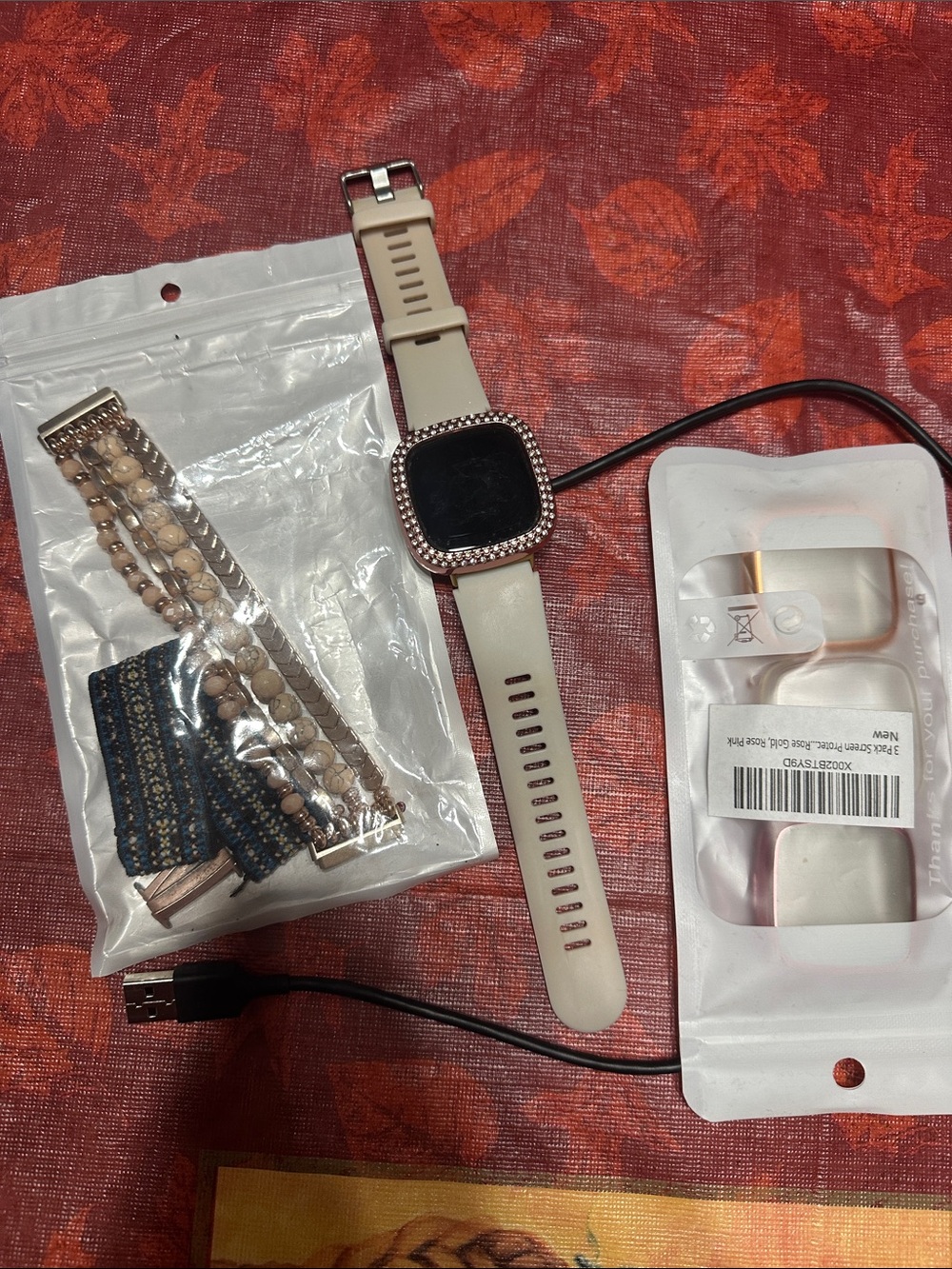 fitbit versa 3 Beige Silicone Smartwatch with Crystal Bezel and accessories